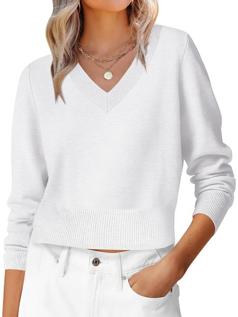 Women's White Cropped V Neck Long Sleeve Casual Pullover Fall Outfits Sweaters